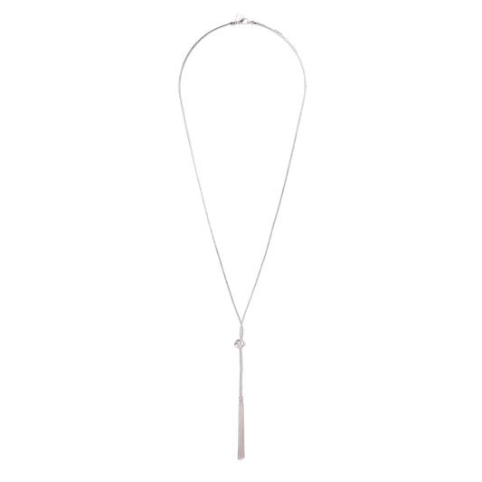 SILVER CHAIN TASSEL AND KNOTTED LARIAT NECKLACE
