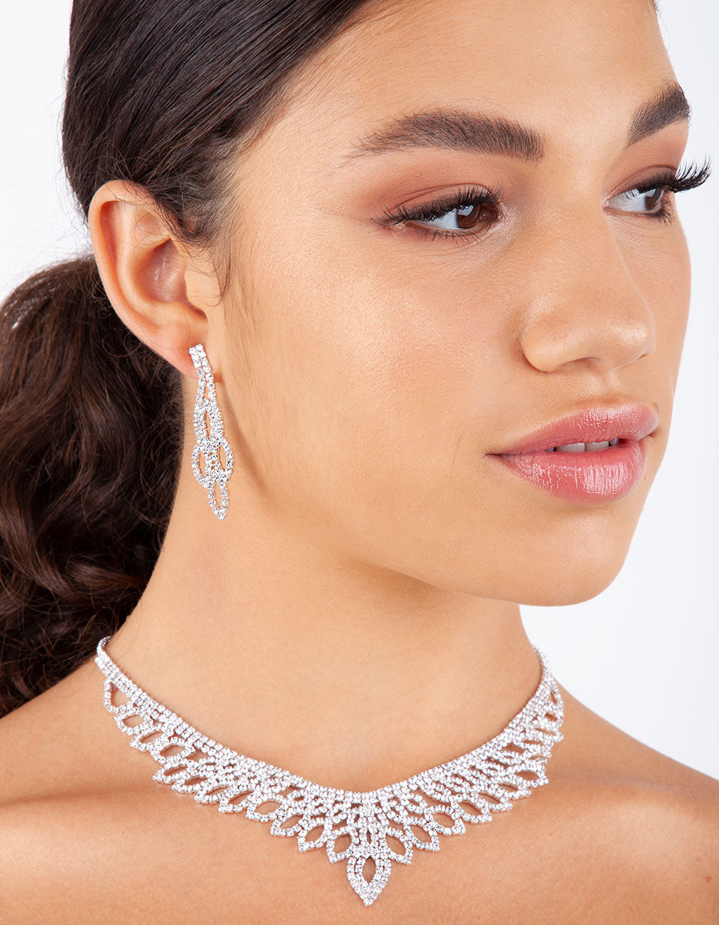 SILVER DIAMANTE CUPCHAIN DROP EARRING & SHORT NECKLACE