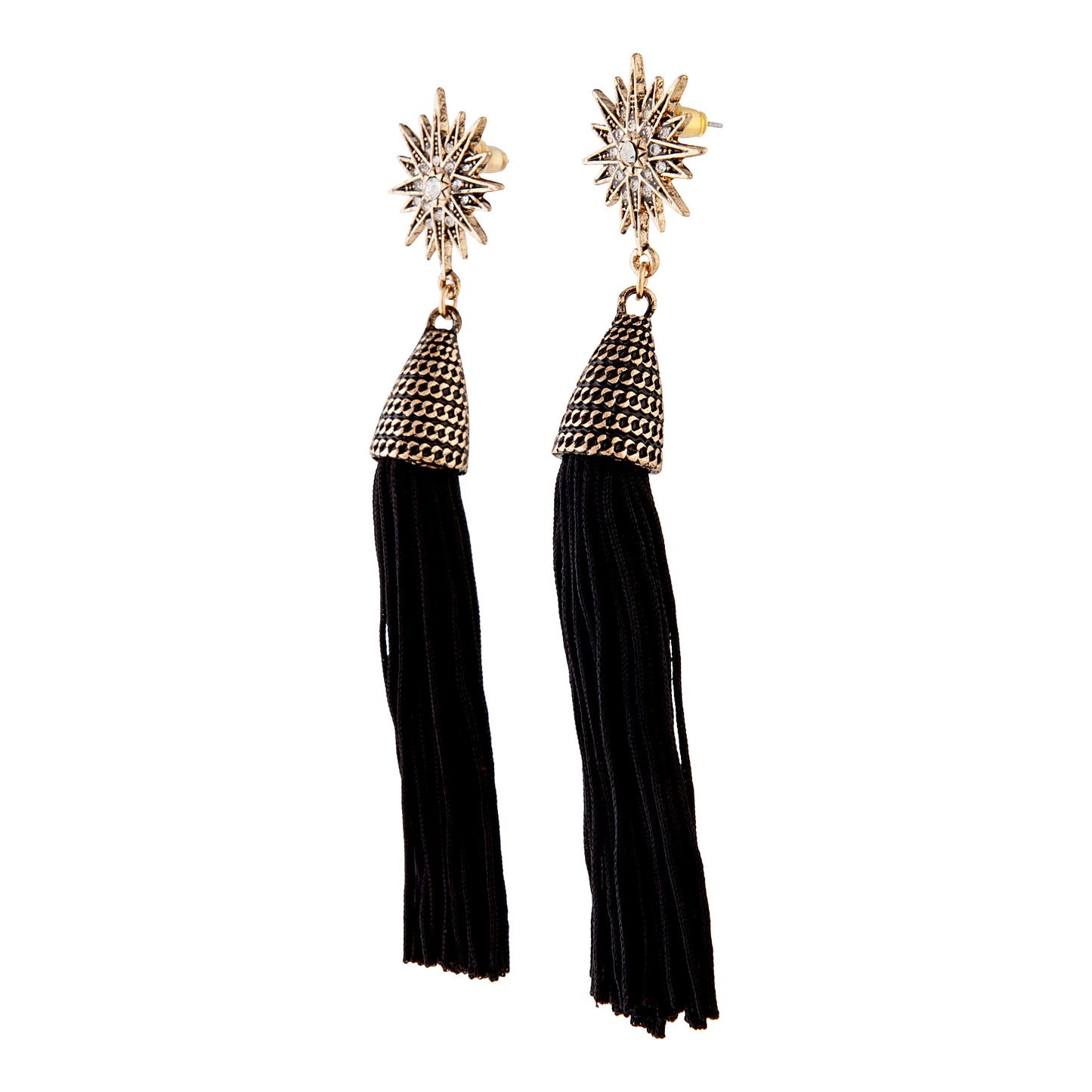 ANTIQUE GOLD STAR STUD EARRING WITH ELONGATED BLACK TASSEL