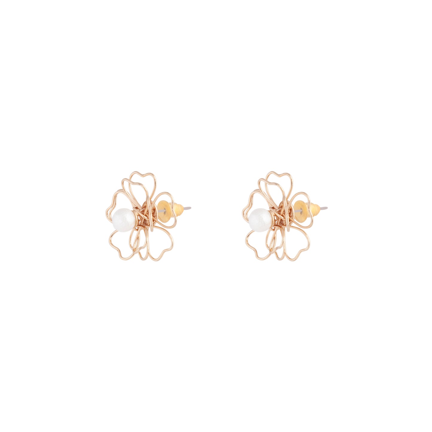 GOLD WIRE FLOWER STUD WITH CENTRAL PEARLIZED BEAD