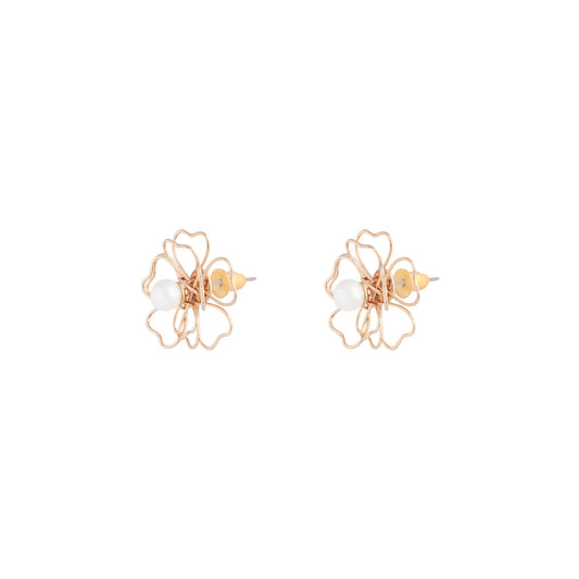 GOLD WIRE FLOWER STUD WITH CENTRAL PEARLIZED BEAD