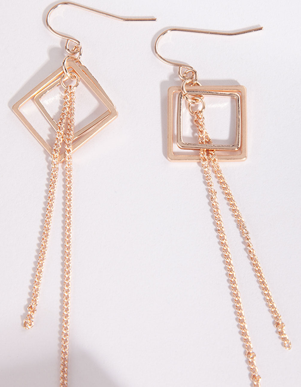 GOLD AND MIXED METAL GEOMETRIC FEATURE AND CHAIN DROP EARRIN