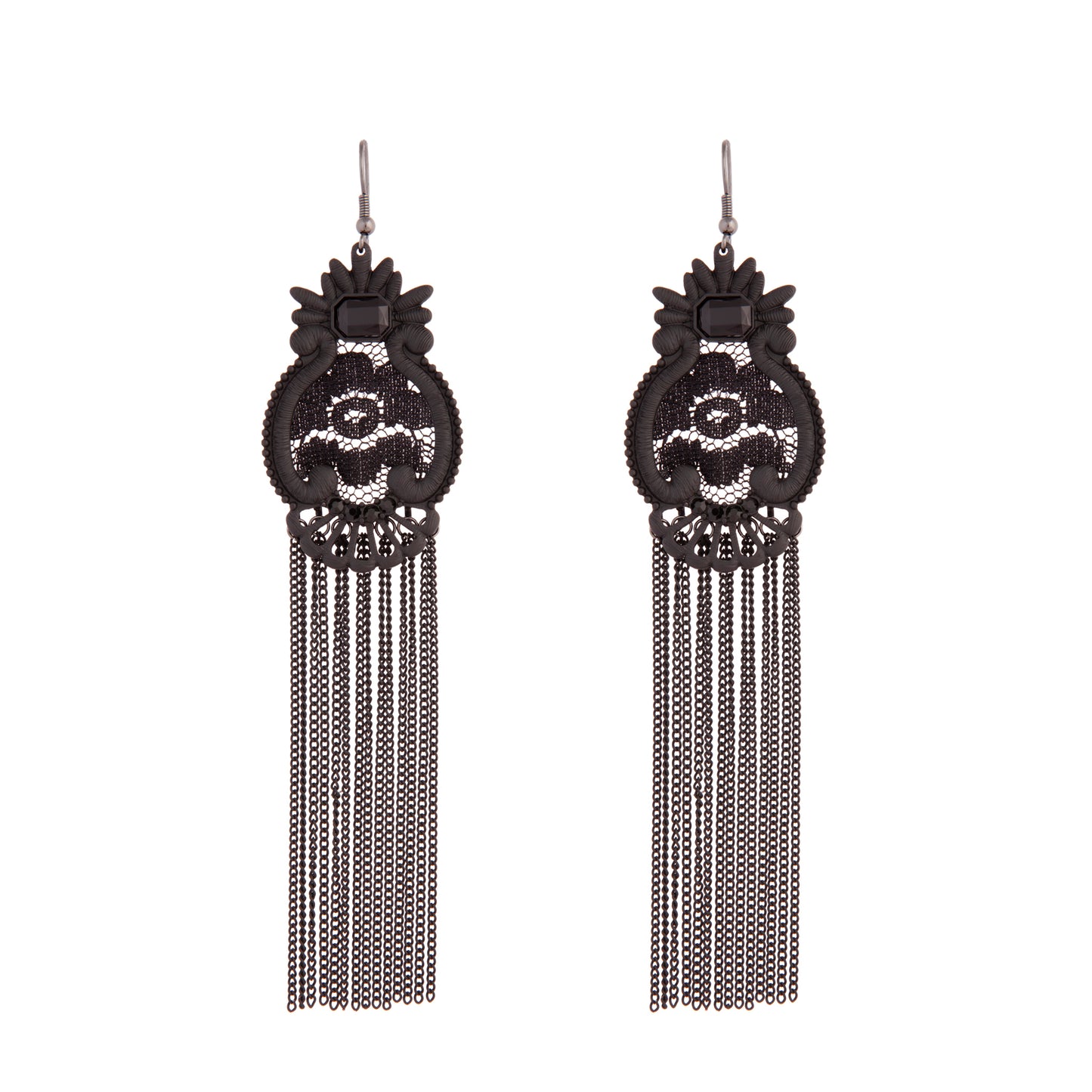 COATED METAL LACE AND CHAIN TASSEL EARRING
