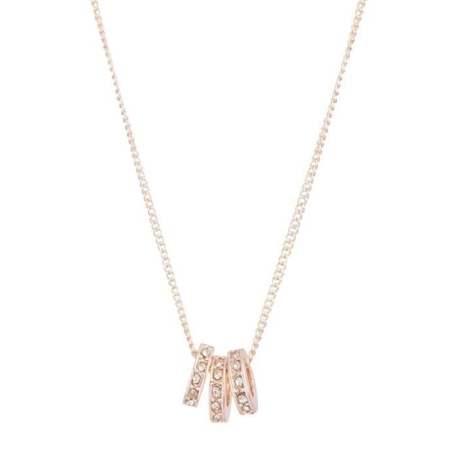 ROSE GOLD TRIO OF DIAMANTE RINGS ON SHORT FINE NECKLACE