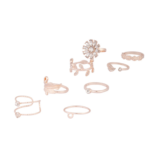 ROSE GOLD DIAMANTE FLORAL LEAF RING PACK