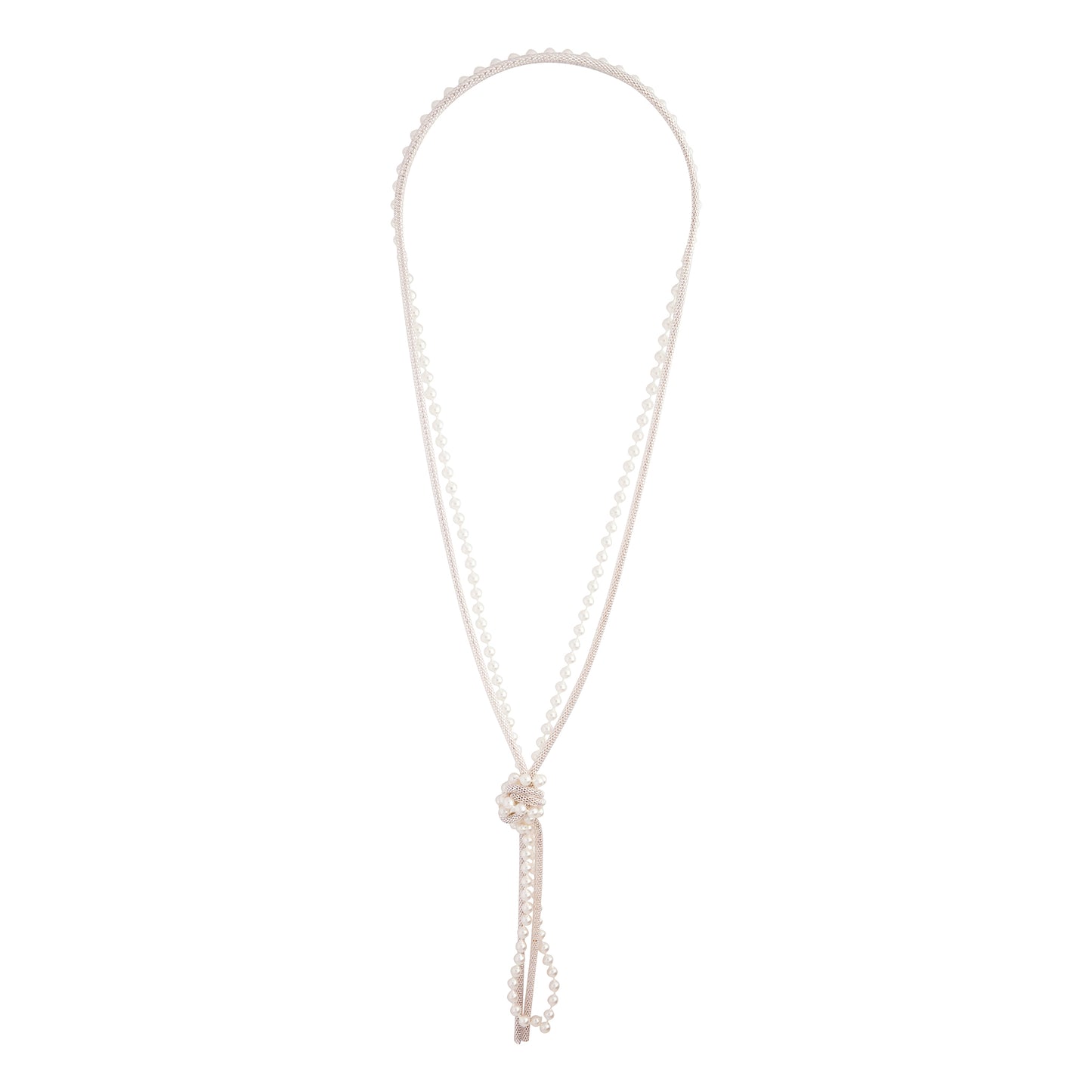 SILVER MESH AND PEARLIZED BEAD DOUBLE ROW KNOTTED LARIAT
