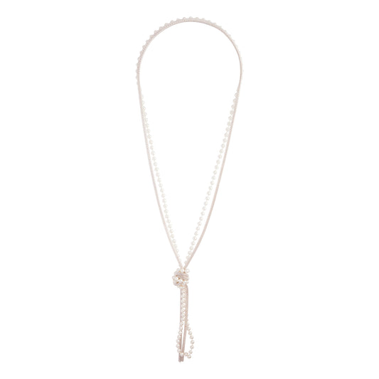 SILVER MESH AND PEARLIZED BEAD DOUBLE ROW KNOTTED LARIAT