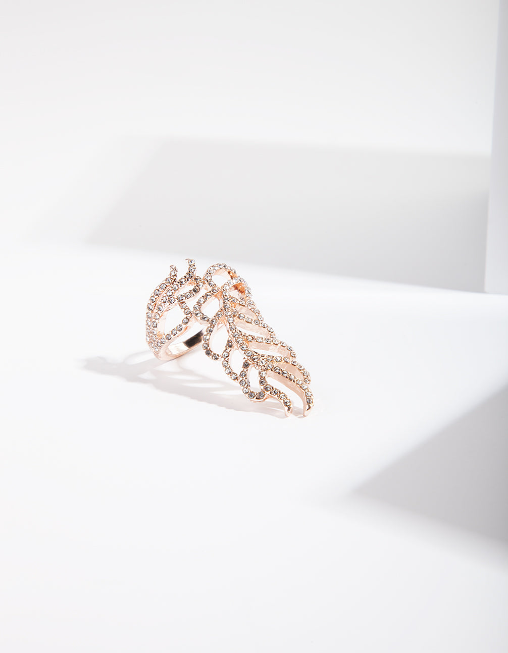 FINE ROSE GOLD DIAMANTE EMBELLISHED LEAF RING