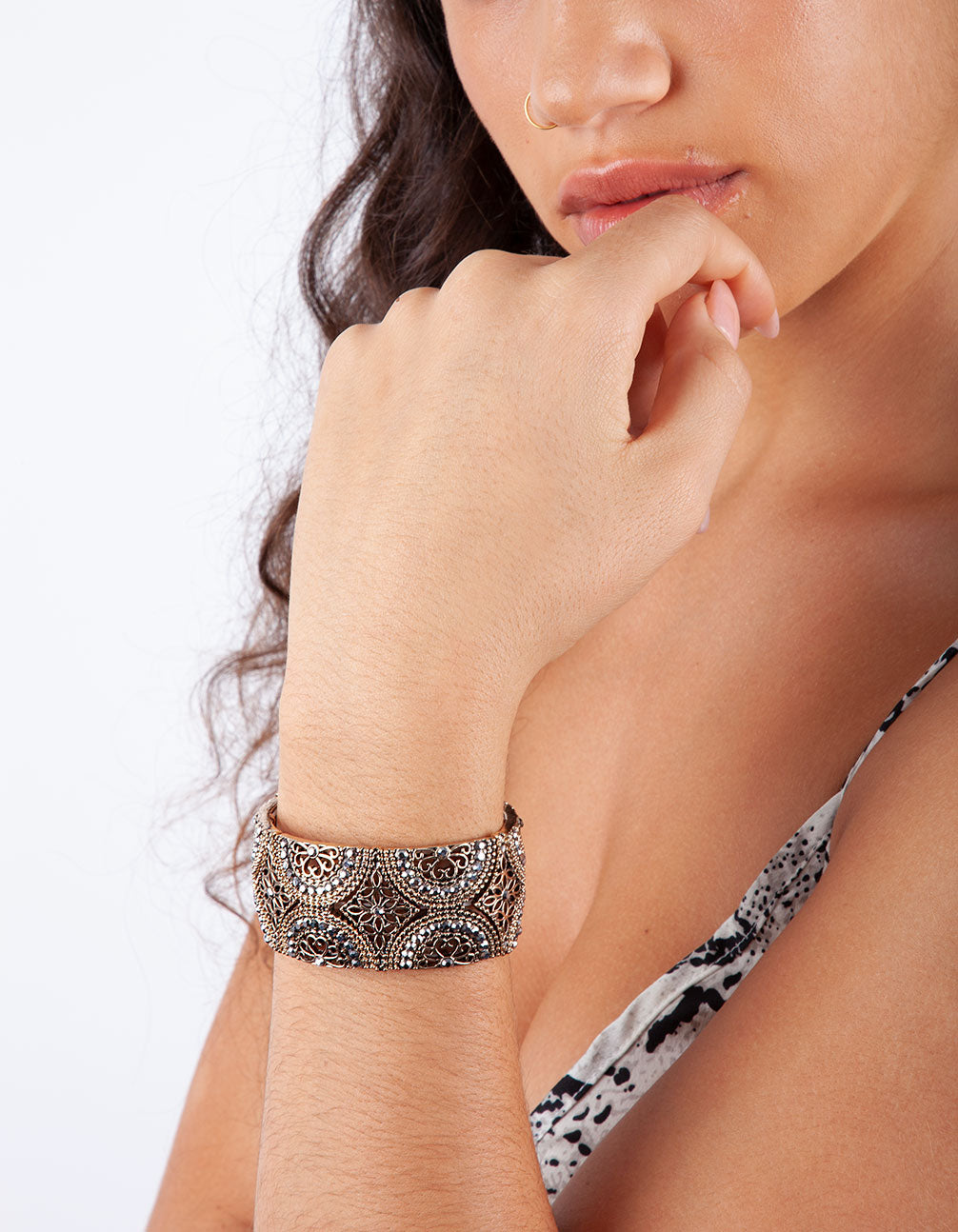 GOLD & GREY DIAMANTE HALF CIRCLE FILIGREE STRETCH BRACELET