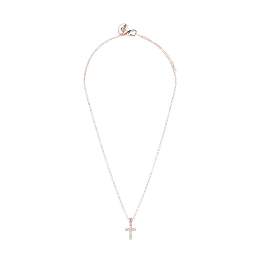 SMALL DIAMANTE CROSS ON FINE ROSE GOLD NECKLACE