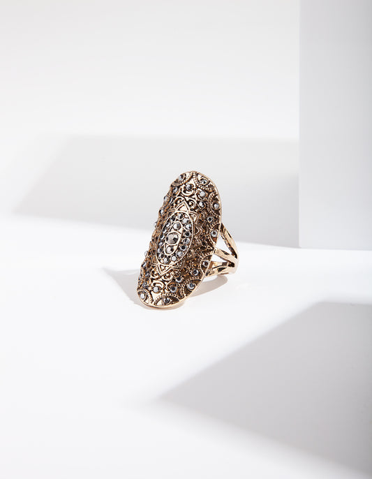 HEMATITE DIAMANTE DECORATED ANTIQUE GOLD STATEMENT RING