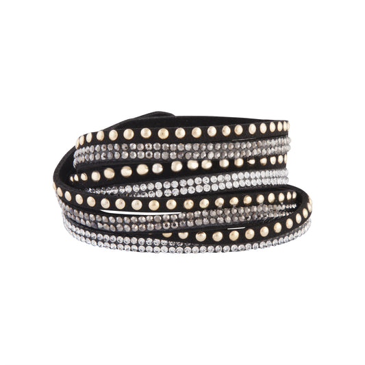 STUDDED BLACK FABRIC CROSS CROSS WRAP BRACELET