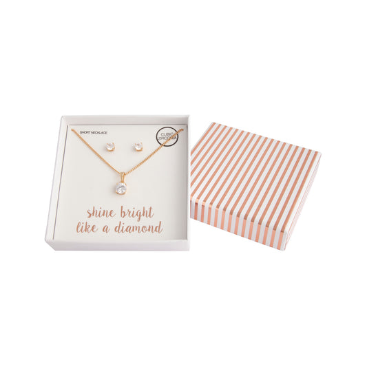 CUBIC ZIRCONIA STUD AND EARRING GIFTBOX SET IN GOLD