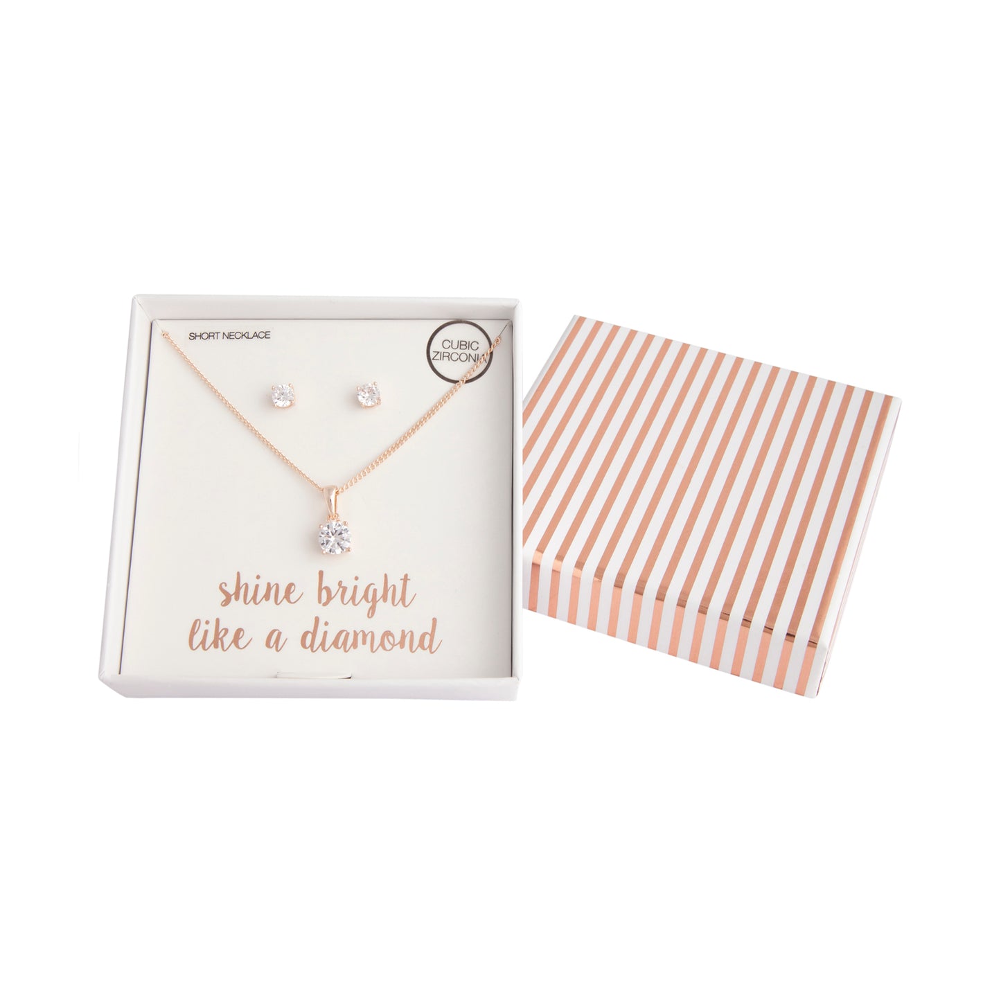 CUBIC ZIRCONIA STUD AND EARRING GIFTBOX SET IN ROSE GOLD