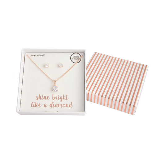 CUBIC ZIRCONIA STUD AND EARRING GIFTBOX SET IN ROSE GOLD