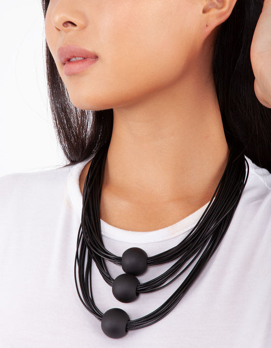 BLACK WAX CORD AND BALL TRIO MATINEE NECKLACE