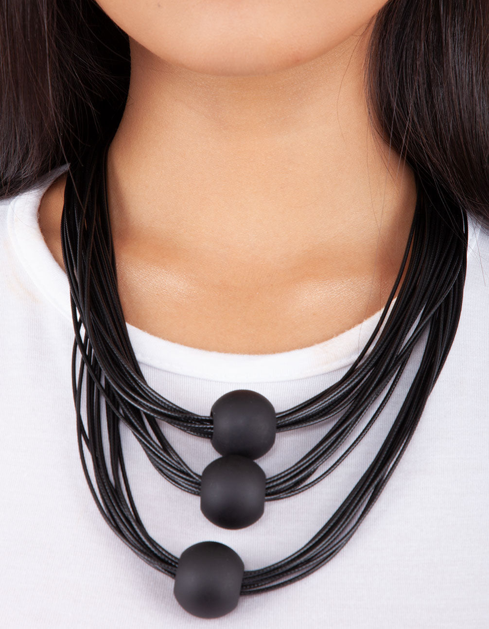 BLACK WAX CORD AND BALL TRIO MATINEE NECKLACE