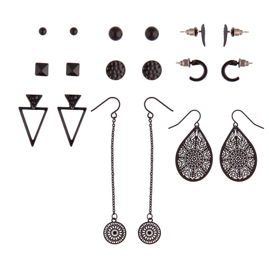 BLACK COATED METAL FILIGREE DROP AND ASSORTED STUD 9PACK