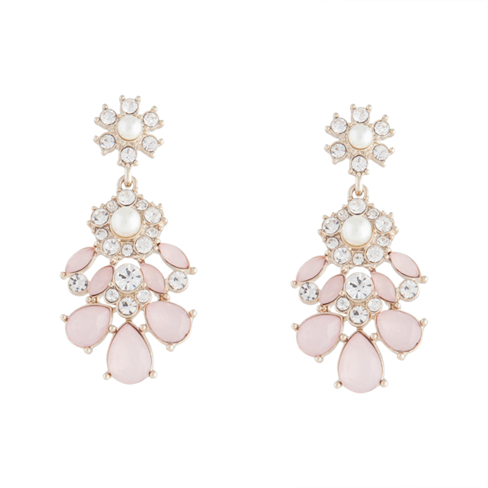 PALE GOLD STATEMENT PINK & CRYSTAL FLOWER DROP EARRING