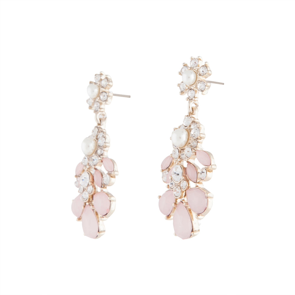 PALE GOLD STATEMENT PINK & CRYSTAL FLOWER DROP EARRING