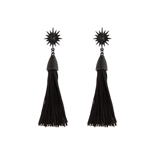 BLACK COATED METAL STAR TASSEL DROP EARRING