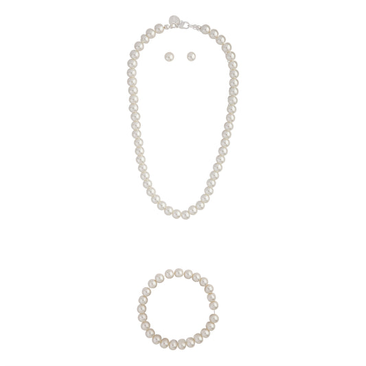 COMPLETE CLASSIC PEARL NECKLACE BRACELET AND EARRING SET