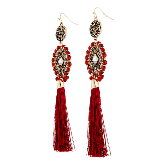 BEADED ANTIQUE GOLD DISC WITH BURGUNDY TASSEL EARRING