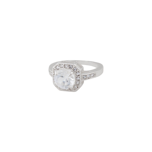 SILVER TONE RADIANT CUT DIAMANTE RING