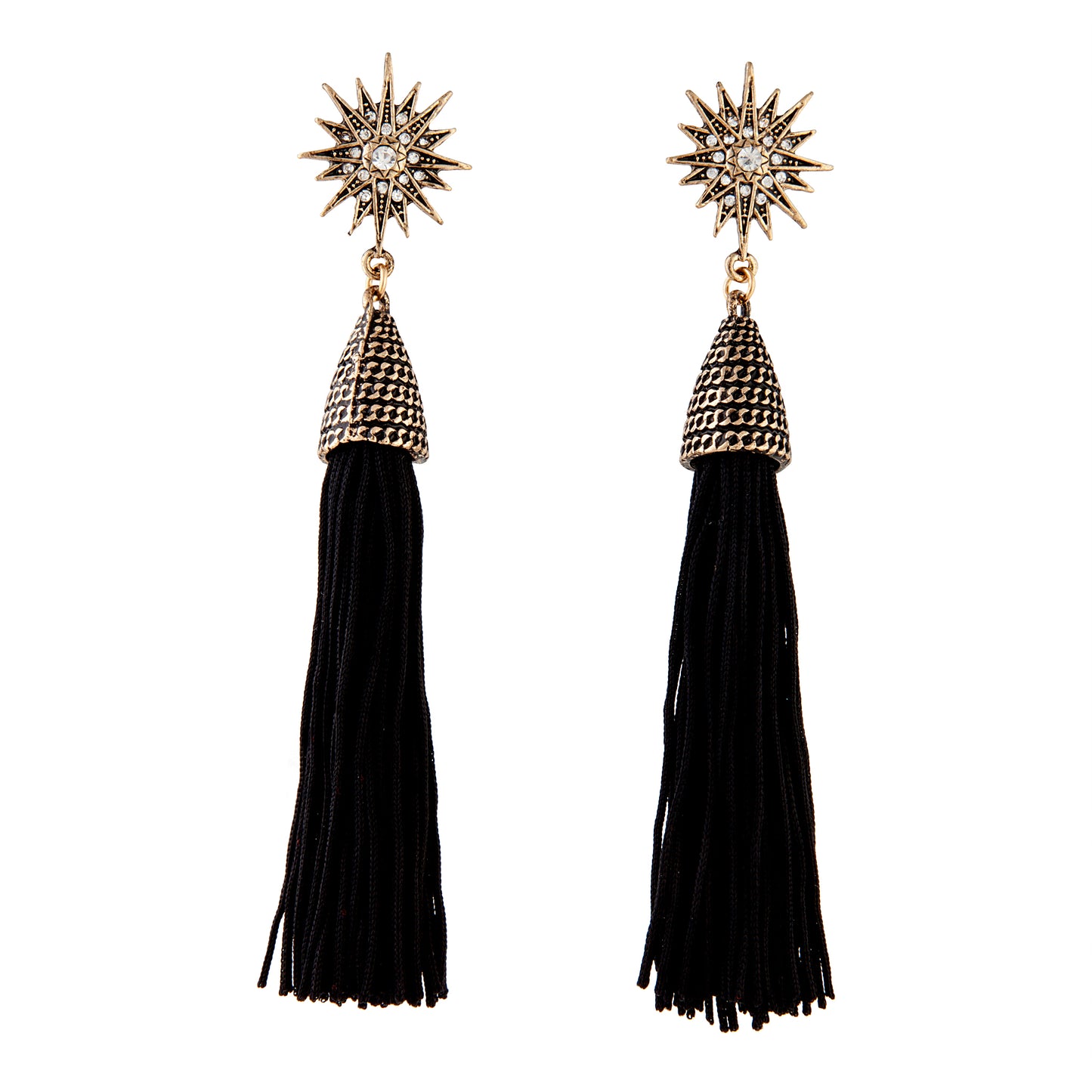 ANTIQUE GOLD STAR STUD EARRING WITH ELONGATED BLACK TASSEL
