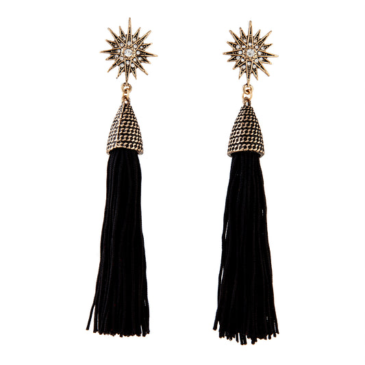 ANTIQUE GOLD STAR STUD EARRING WITH ELONGATED BLACK TASSEL