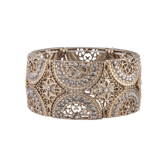 GOLD & GREY DIAMANTE HALF CIRCLE FILIGREE STRETCH BRACELET