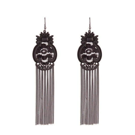 COATED METAL LACE AND CHAIN TASSEL EARRING