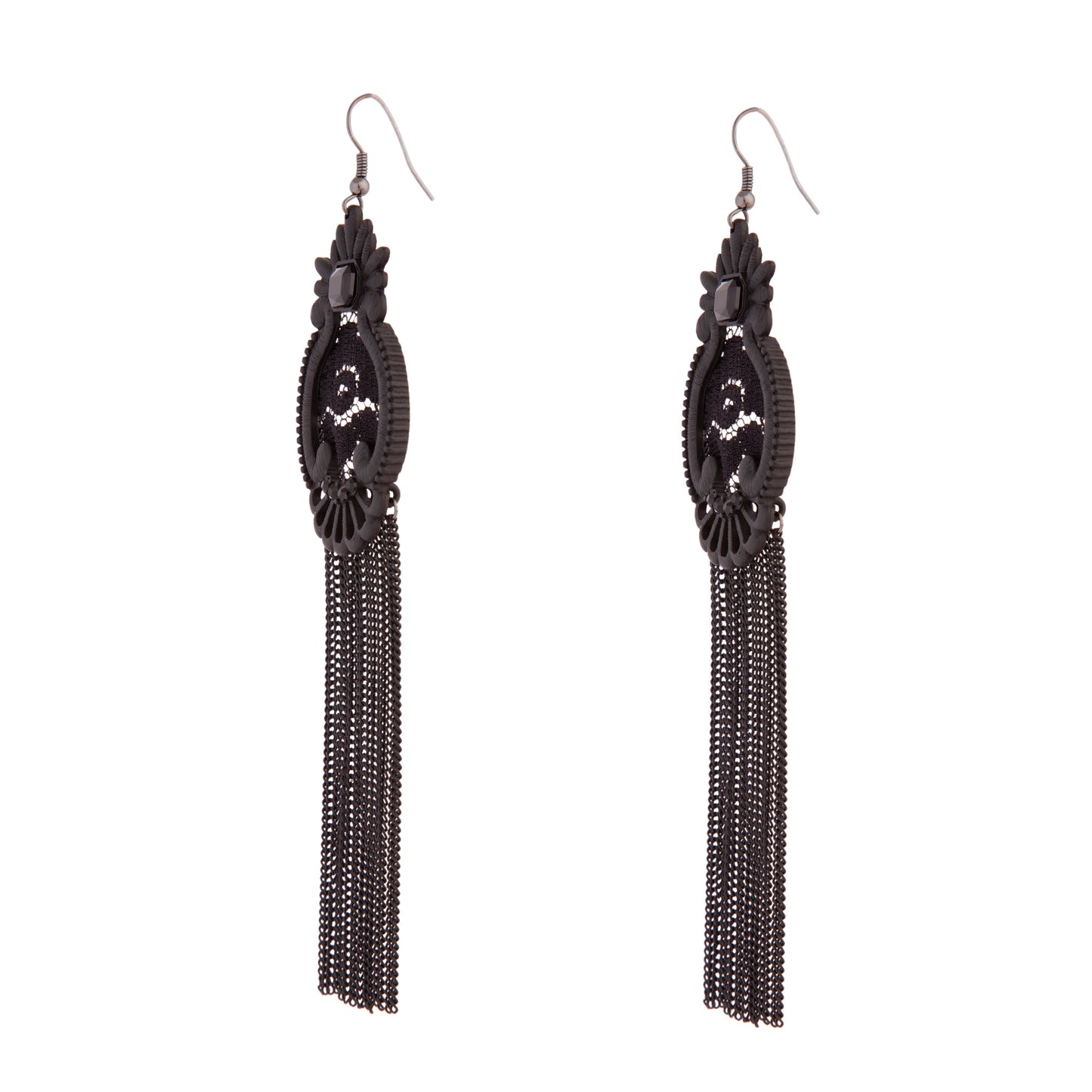 COATED METAL LACE AND CHAIN TASSEL EARRING