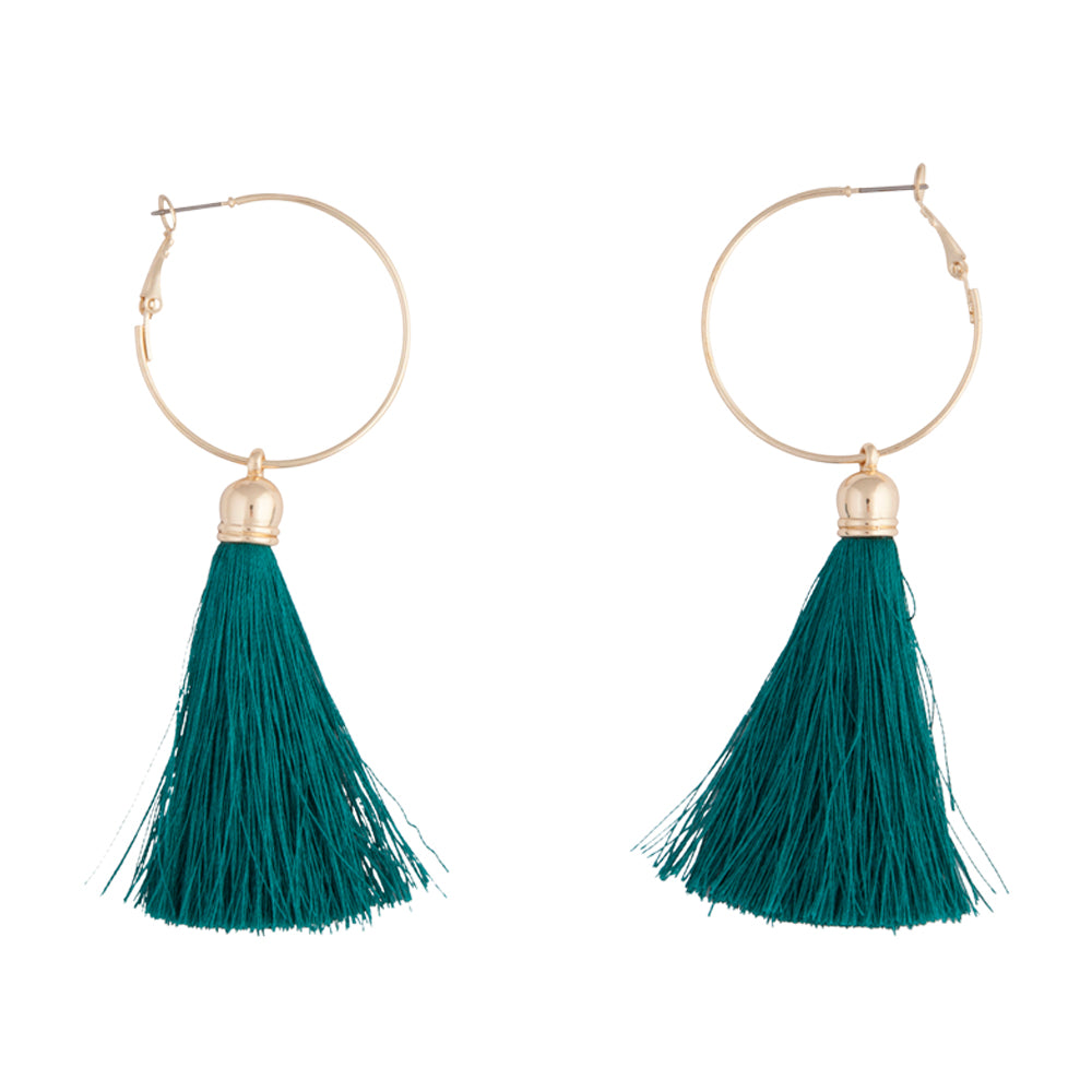 GOLD HOOP EARRING WITH TASSEL DROP IN TEAL