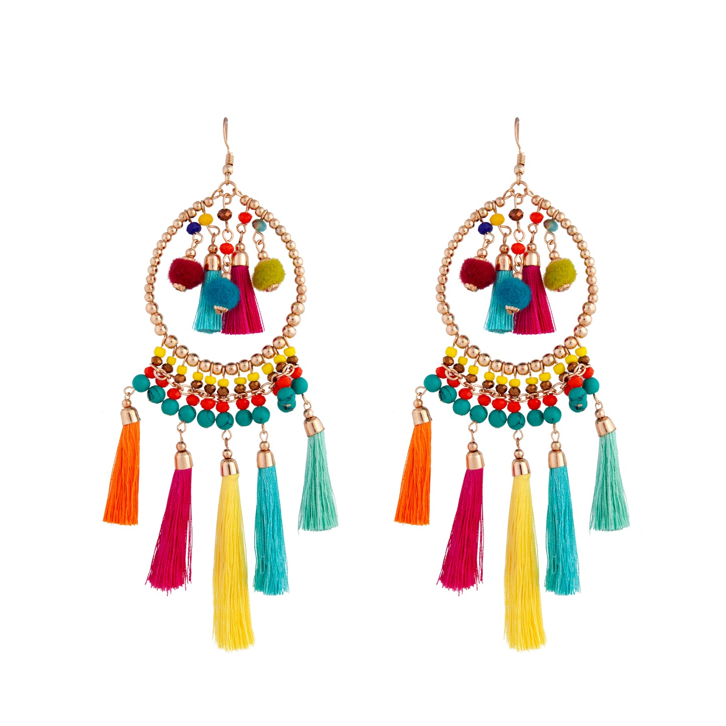 MIXED BRIGHTS BEADED HOOP WITH POM POM AND TASSEL ACCENTS