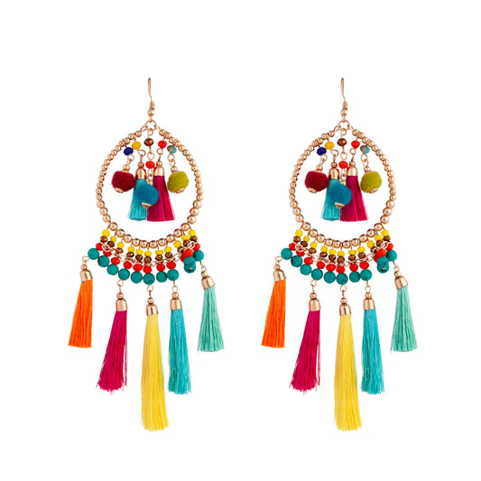MIXED BRIGHTS BEADED HOOP WITH POM POM AND TASSEL ACCENTS