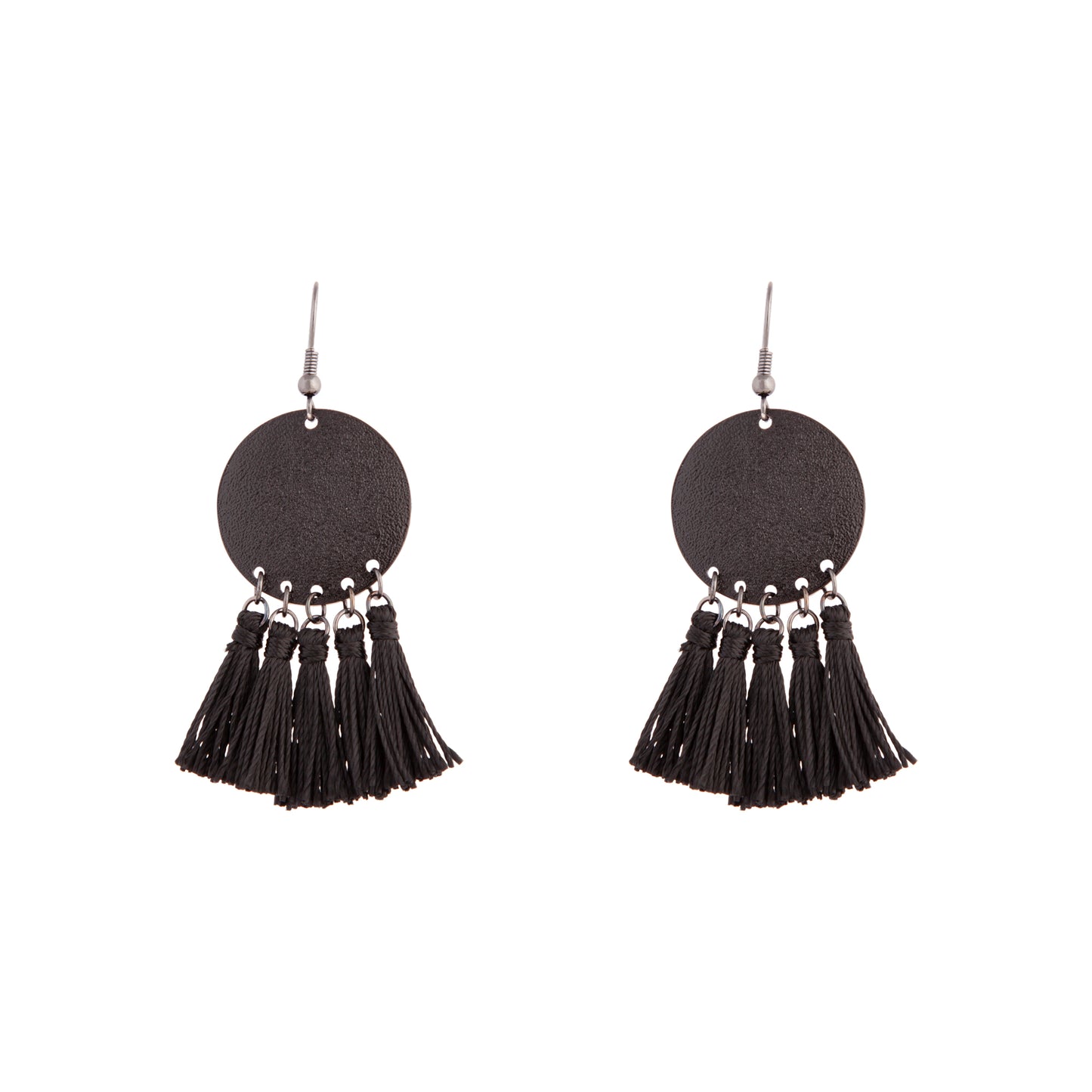 BLACK COATED METAL SANDBLAST DISC DROP EARRING TASSELS