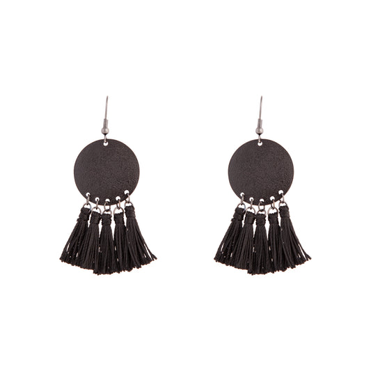 BLACK COATED METAL SANDBLAST DISC DROP EARRING TASSELS