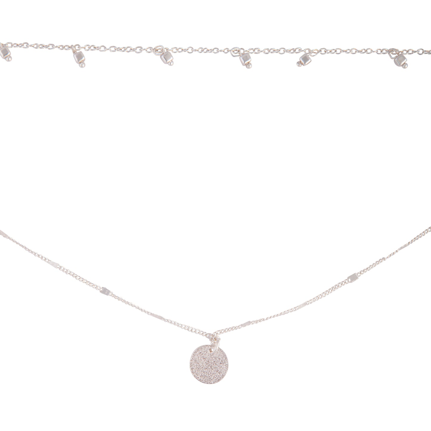 SILVER TWO ROW CHARM AND DISC CHOKER