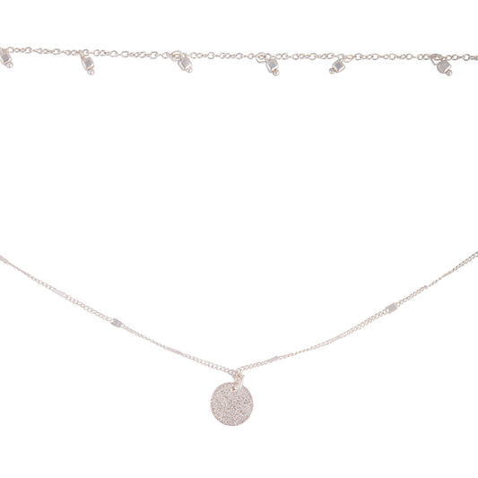 SILVER TWO ROW CHARM AND DISC CHOKER