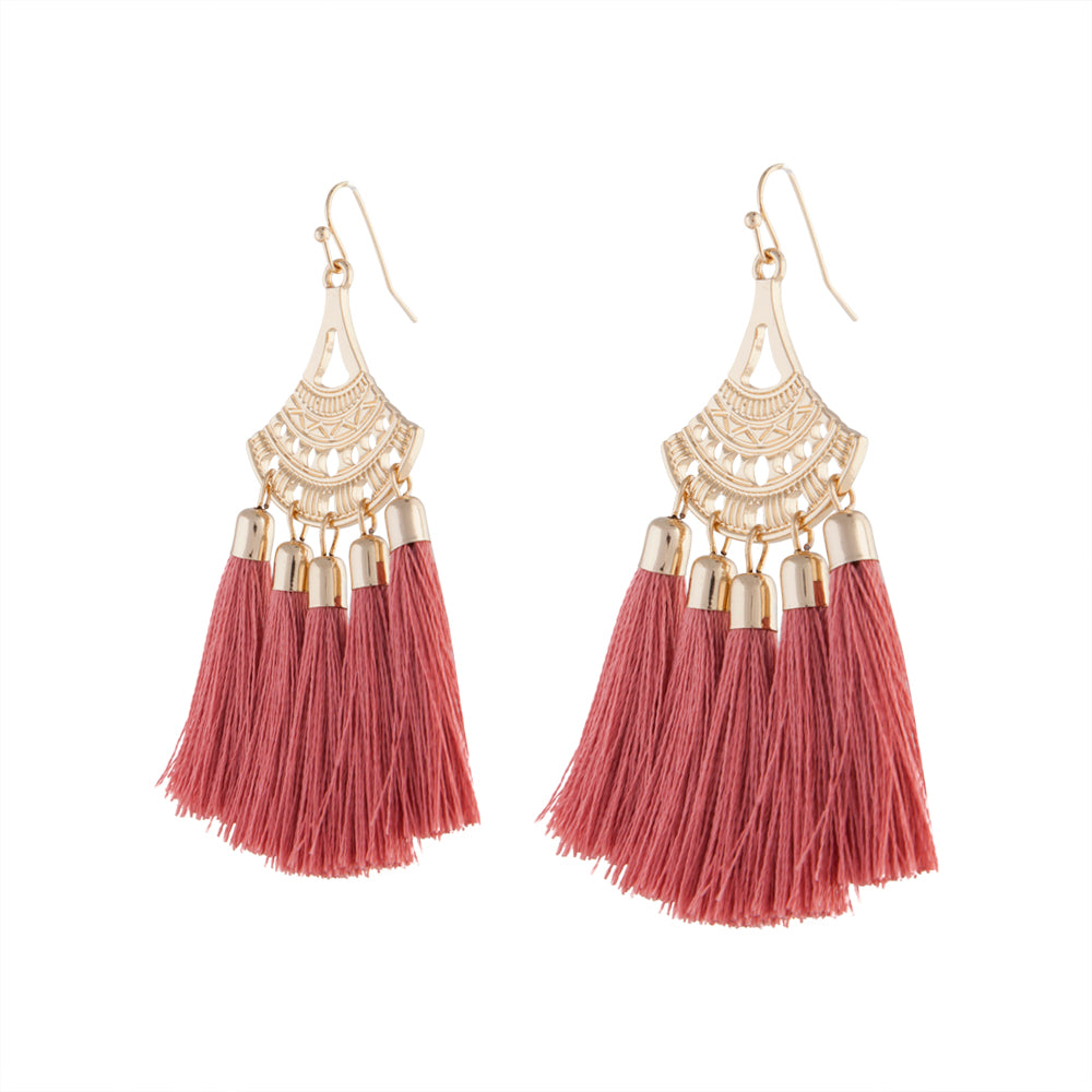 GOLD FILIGREE SHIELD WITH 5 TASSEL DROP IN CORAL