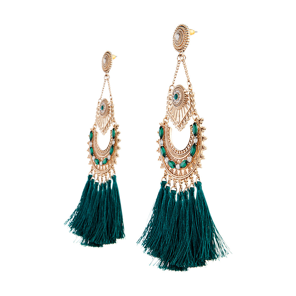 EMERALD BEAD & TASSEL ON GOLD ETCHED CHAIN FLARE EARRING