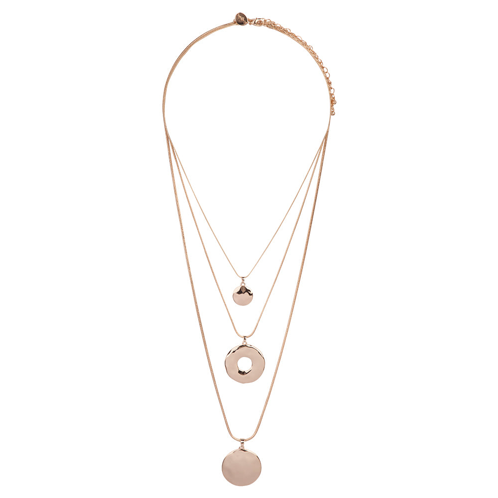GOLD MULTI STRAND NECKLACE WITH BEATEN METAL DISC PENDANTS