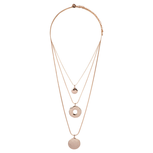 GOLD MULTI STRAND NECKLACE WITH BEATEN METAL DISC PENDANTS
