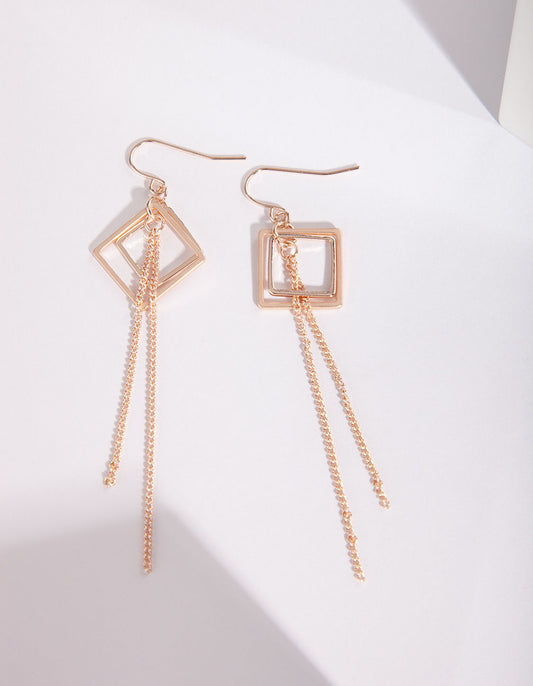 GOLD AND MIXED METAL GEOMETRIC FEATURE AND CHAIN DROP EARRIN