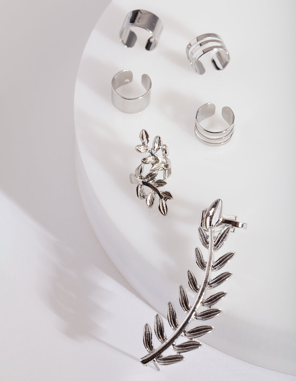 SILVER VINE LEAF AND PLAIN EAR CUFF 6PACK