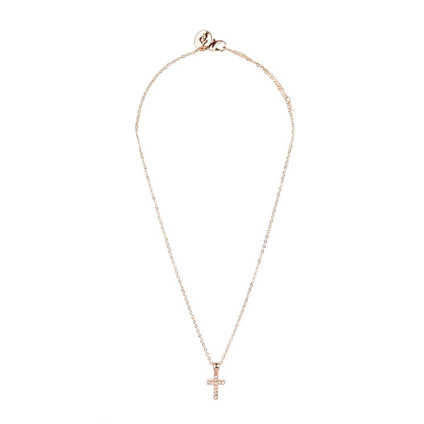 SMALL DIAMANTE CROSS ON FINE ROSE GOLD NECKLACE