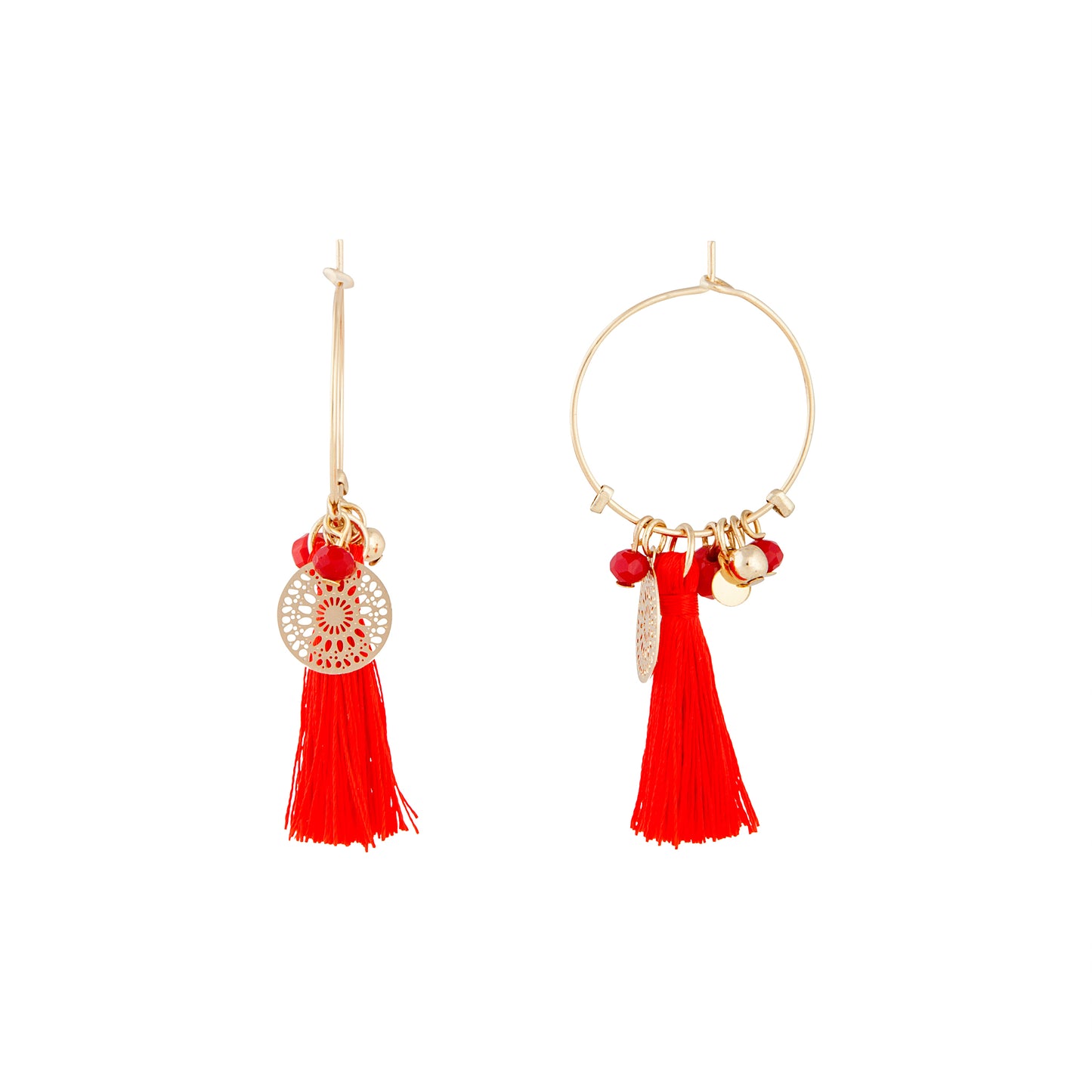 FINE GOLD HOOP EARRING WITH CHARM TASSEL IN RED