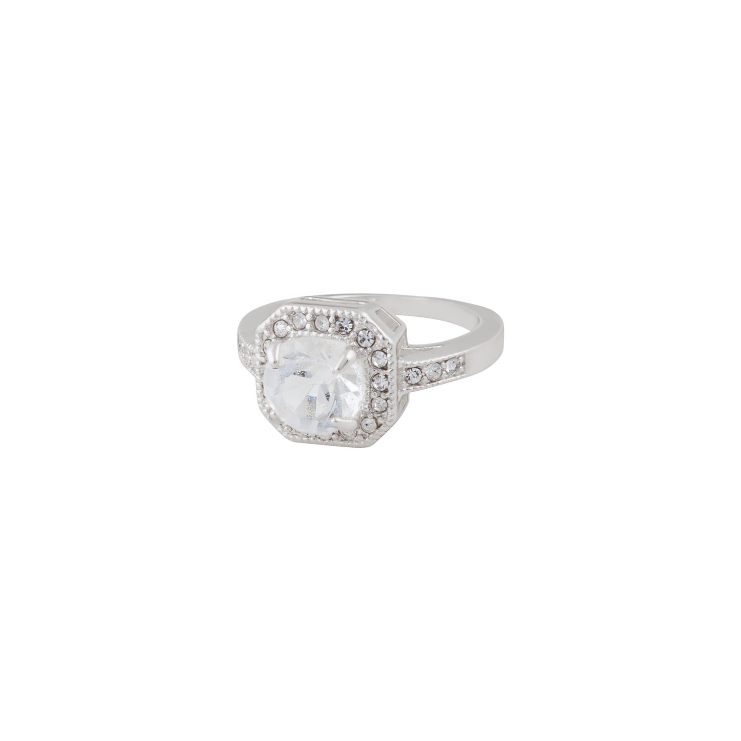 SILVER TONE RADIANT CUT DIAMANTE RING