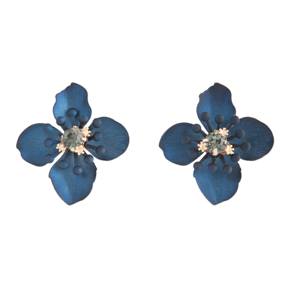 MATTE COATED METAL ORCHID STUD EARRING IN NAVY